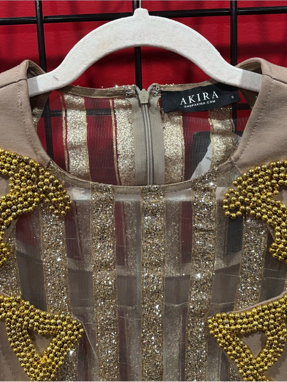 AKIRA Taupe Mini Dress with Gold Beaded Detail & Feather Trim - Picture 3 of 6